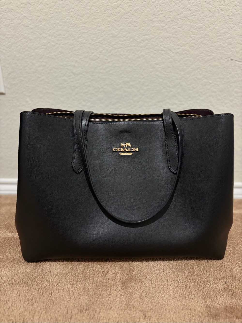 Coach Black Leather Tote with Gold Logo